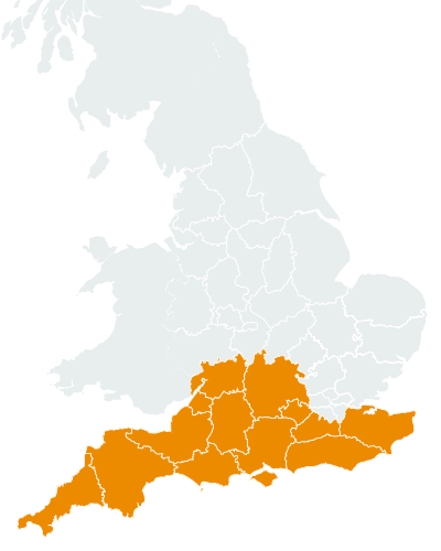 Map showing southern England counties highlighted