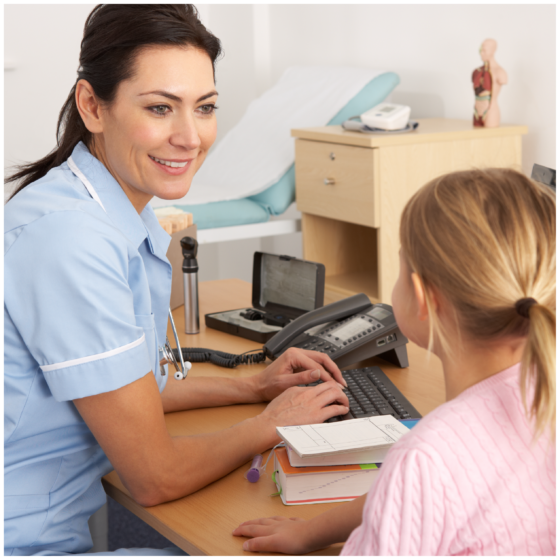 Clinician talking to patient