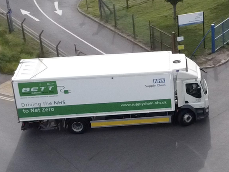 Aerial view of a NHS Supply Chain electric lorry