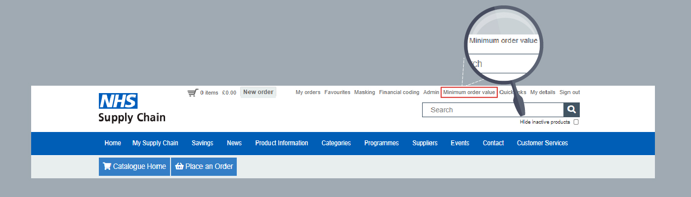Screenshot highlighting minimum order value link in our online catalogue