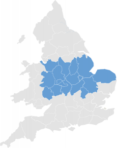 A Map of England showing the Central regions highlighted