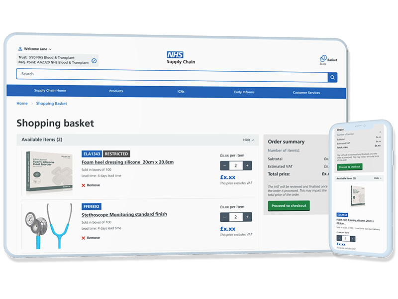 Desktop and mobile view of new online catalogue shopping basket