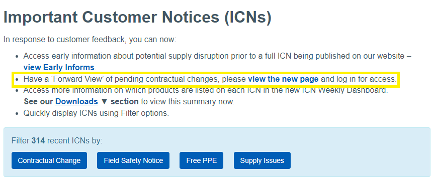 Screen visual of the Important Customer Notices web page highlighting how to access the forward view of pending contractual changes