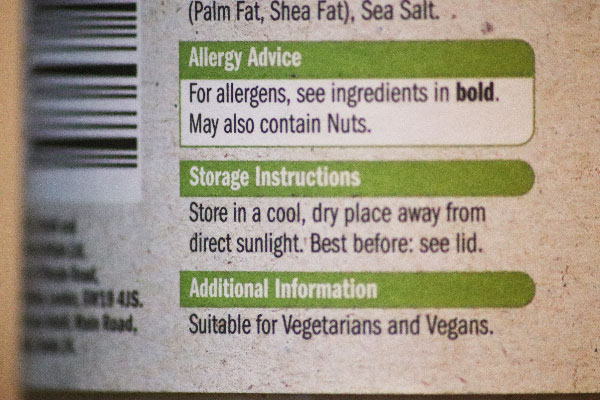 Allergy and Ingredients Label