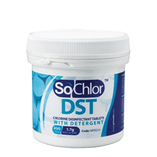 Chlorine Releasing Tablets 1.7g NaDCC with detergent (200 tabs) Tamper evident lid for use with dilution bottle MFB991