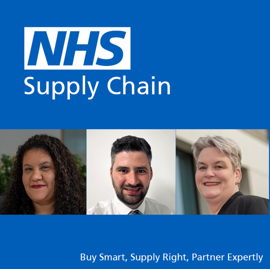 NHS Supply Chain Podcast Episode 3 logo featuring Michaela Russell, Tom Outram and Fay Allen
