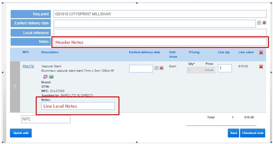 Order screen for an eDirect product with the notes fields highlighted