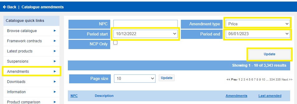 Screenshot of the amendments page filtered by the price search criteria in our online catalogue