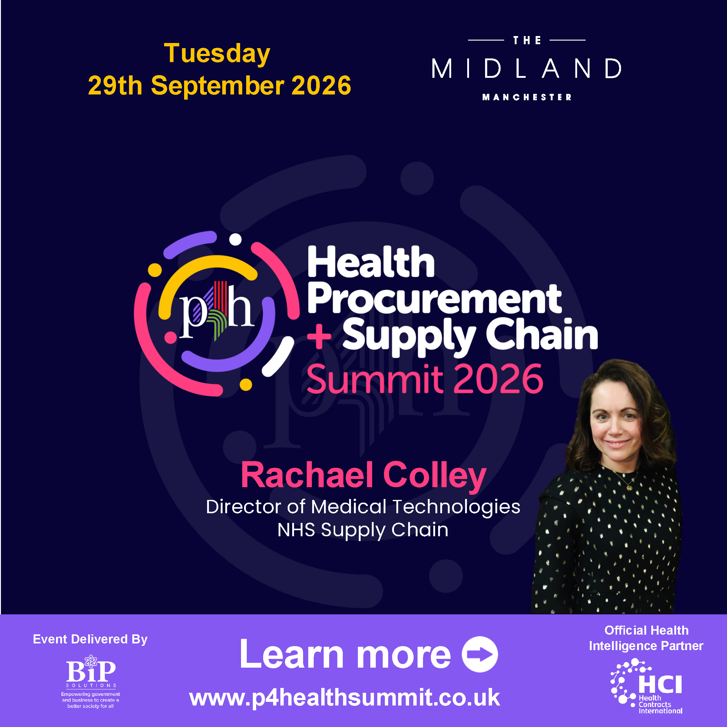 Image of Rachael Colley with details of the P4H conference in September 2026