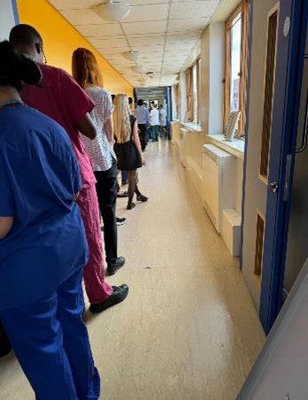 Hospital staff queuing outside the Restaurant