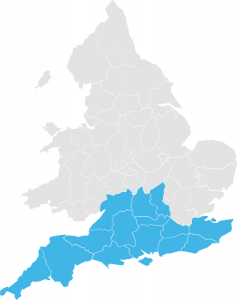 A Map of England showing the South regions highlighted
