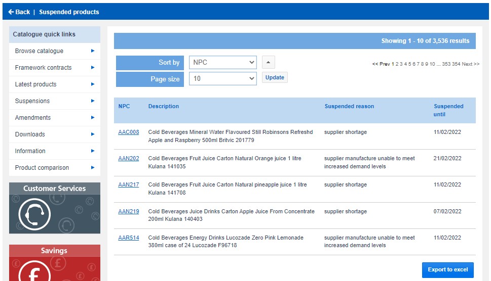 NHS Supply Chain Online Catalogue Suspended Products Page