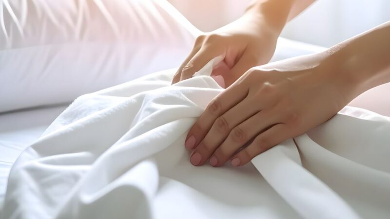 Clinician in ward setting sanitised clean hands patient bedding