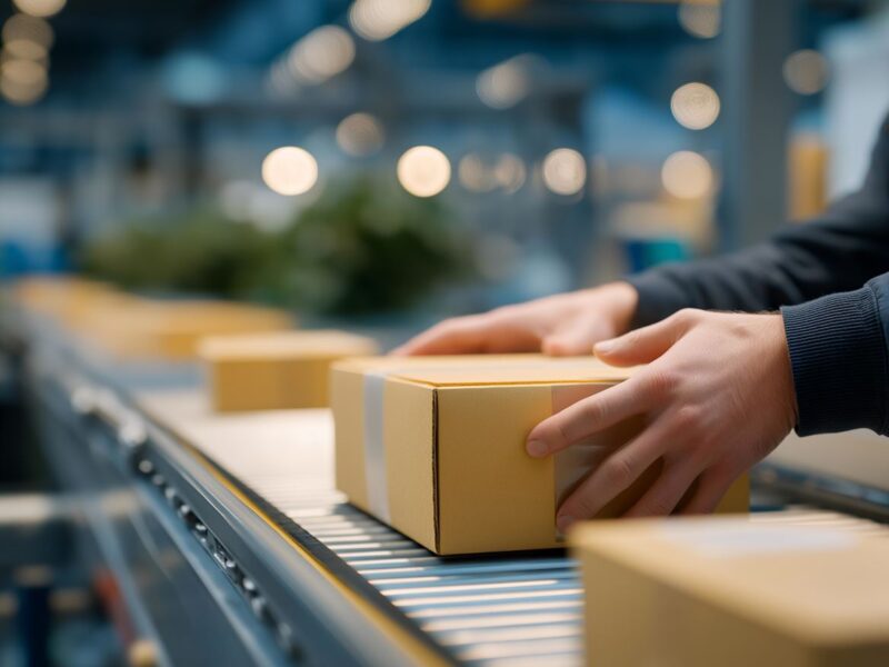 hands on parcel or package on conveyor belt production line hands on parcel or package on conveyor belt production line