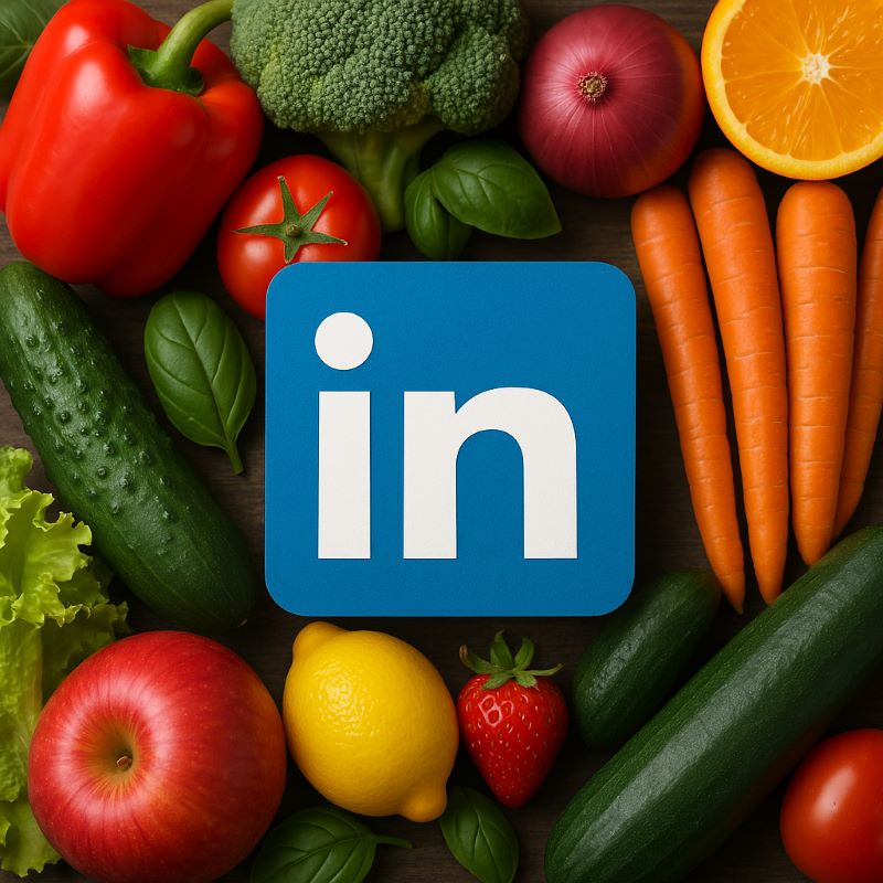 LinkedIn logo surrounded by fresh food