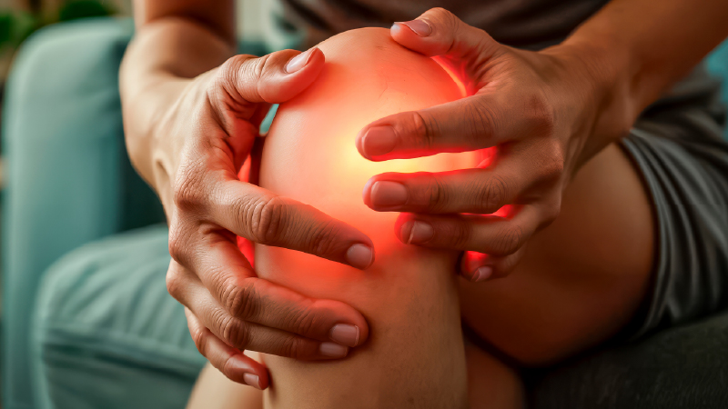 Knee inflammation - hands holding injured leg of patient Knee inflammation - hands holding injured leg of patient