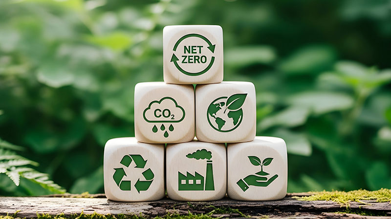 Stack of dice with sustainability icons