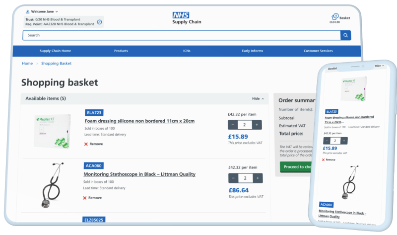 Desktop and mobile view of new online catalogue shopping basket