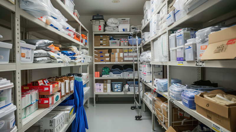 Medical supplies organised in a store room