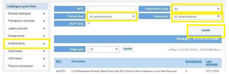 Screen visual of the online catalogue amendments section