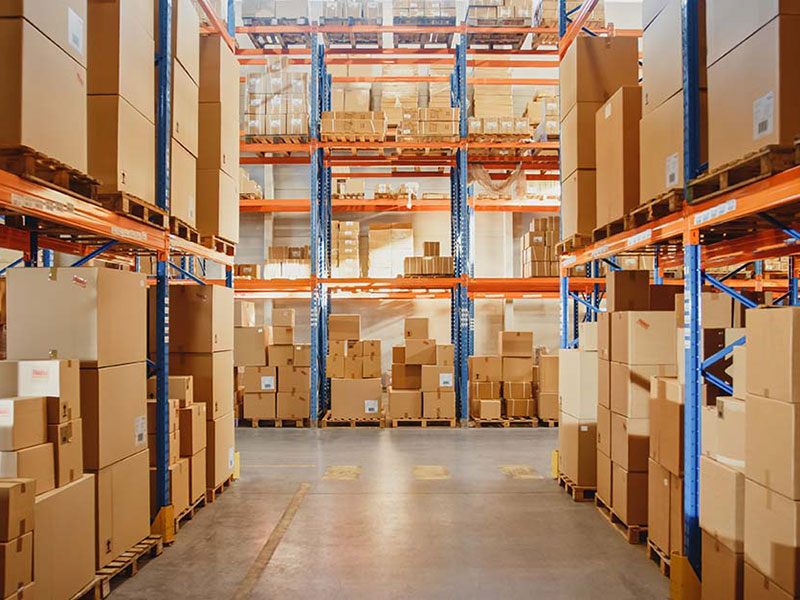 Products on shelves in a distribution centre 