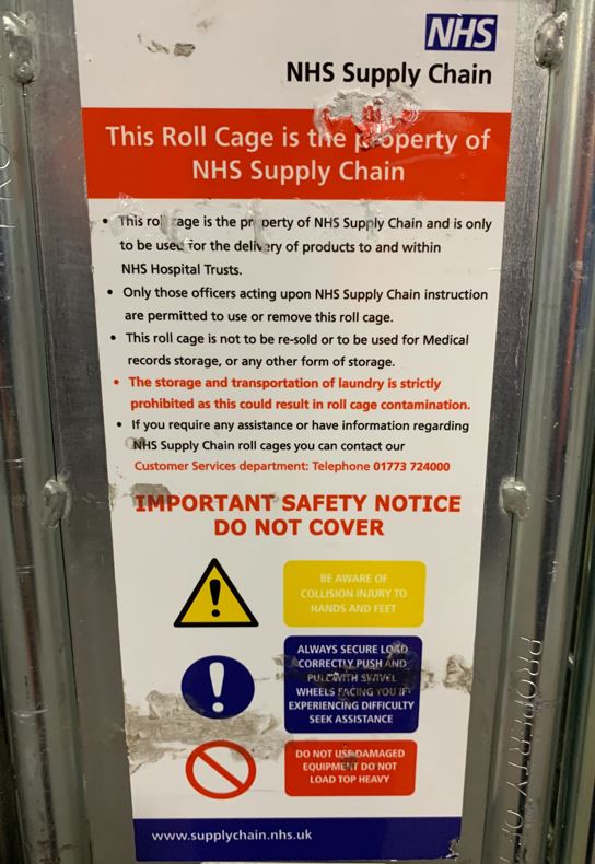 Roll Cage - Label Property of NHS Supply Chain
