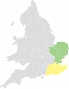 Map of England and Wales with South and East highlighted.