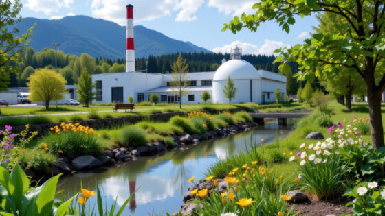 Factory on banks of river suggesting waste water treatment technology, water recycling system, flowers and trees