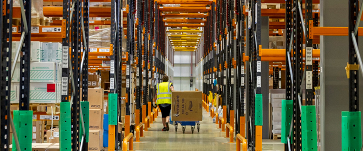 A warehouse shown with many products from different suppliers